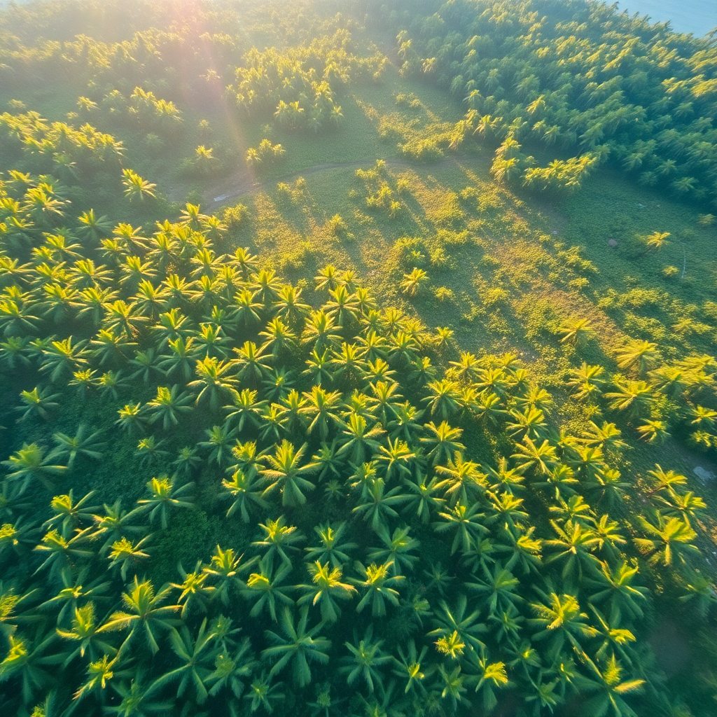 aerial view of lush green coconut palm plantation in Indonesia, morning sunlight, professional photography