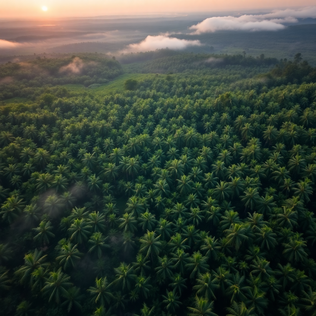 aerial drone shot of vast green coconut plantation at sunrise, misty morning atmosphere, professional photography
